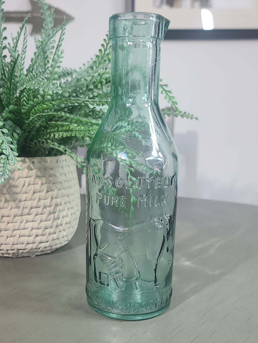 Vintage Embossed Aqua Glass Milk Bottle - "Absolutely Pure Milk"